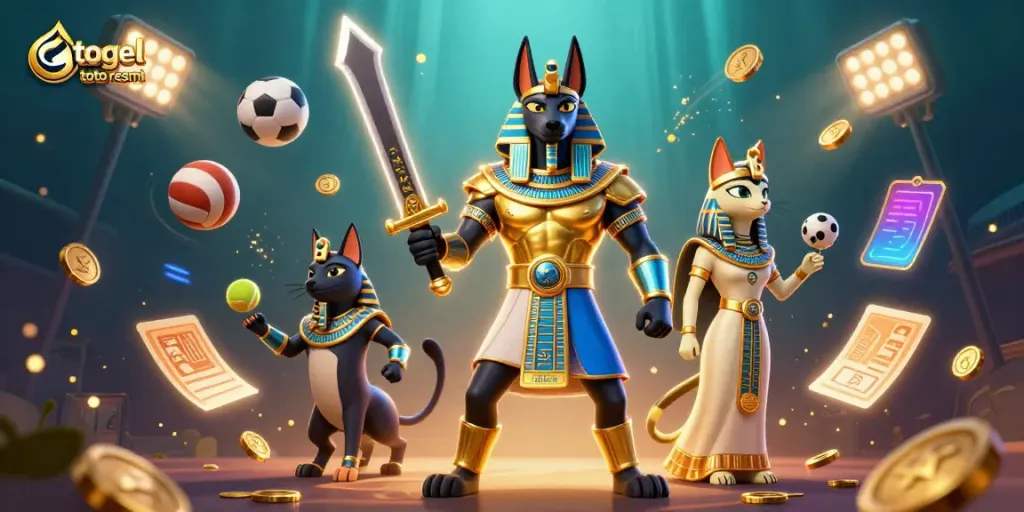 Menggunakan togel toto resmi untuk analisis angka, dengan ilustrasi karakter Anubis dan Bastet di sekeliling elemen olahraga.