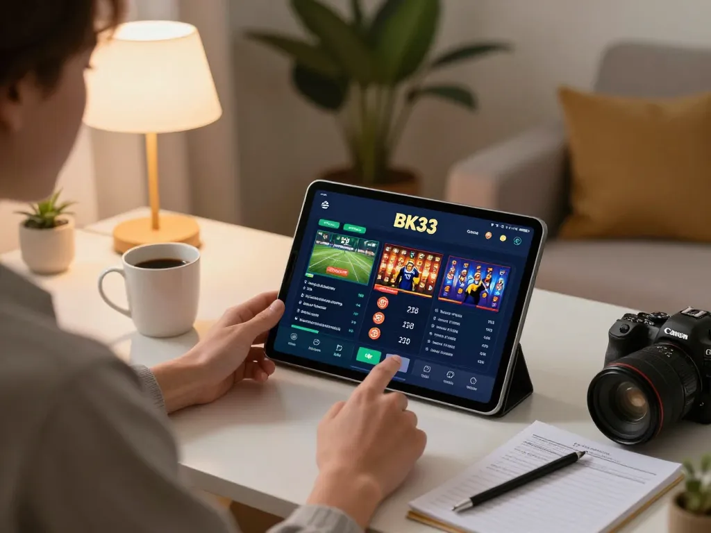 Engaging in online betting on BK33 with a person using a tablet at home, surrounded by cozy decor.