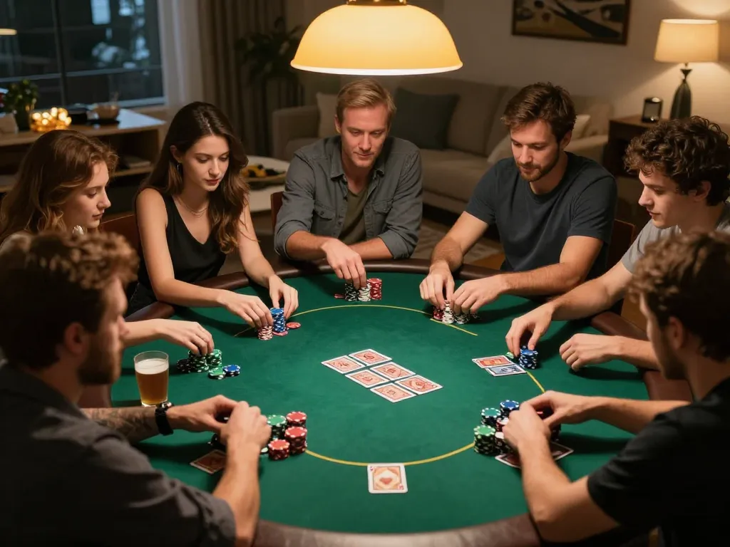 Join friends in an exciting poker game with link SC88 strategies, drinks, and a cozy atmosphere.