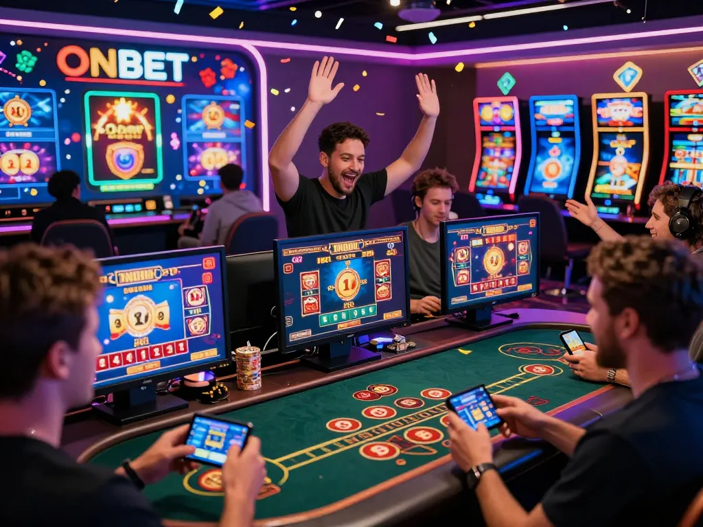 Exciting gaming experience at Onbet Casino, showcasing players enjoying slots and baccarat in a vibrant digital environment.