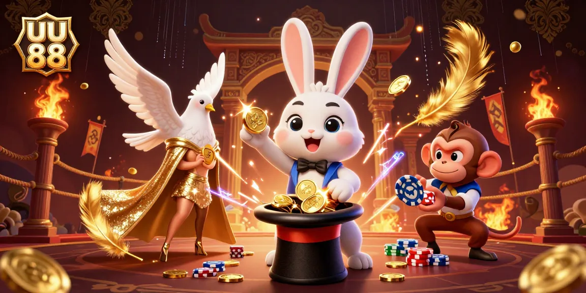 Experience thrilling betting with uu 88, showcasing a magician rabbit, dove, and monkey in a vibrant casino scene