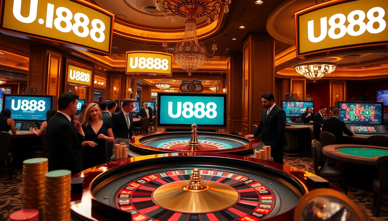Gamblers enjoying a vibrant U888 casino experience with roulette, poker, and excitement.