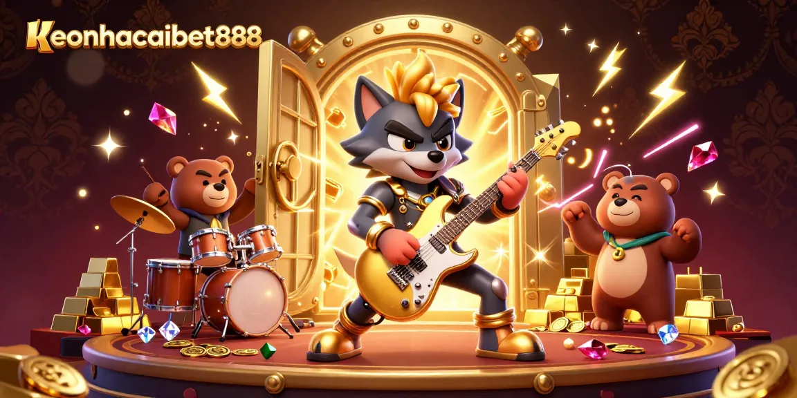Experience the excitement of keonhacaibet888 with a vibrant 3D illustration capturing a rock star wolf and dazzling casino elements.