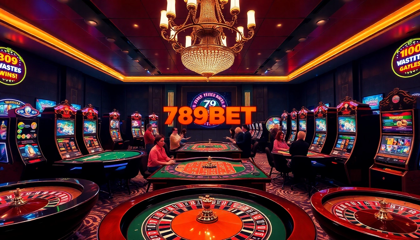 A thrilling casino experience at 789BET with players enjoying various games like Roulette and Blackjack.