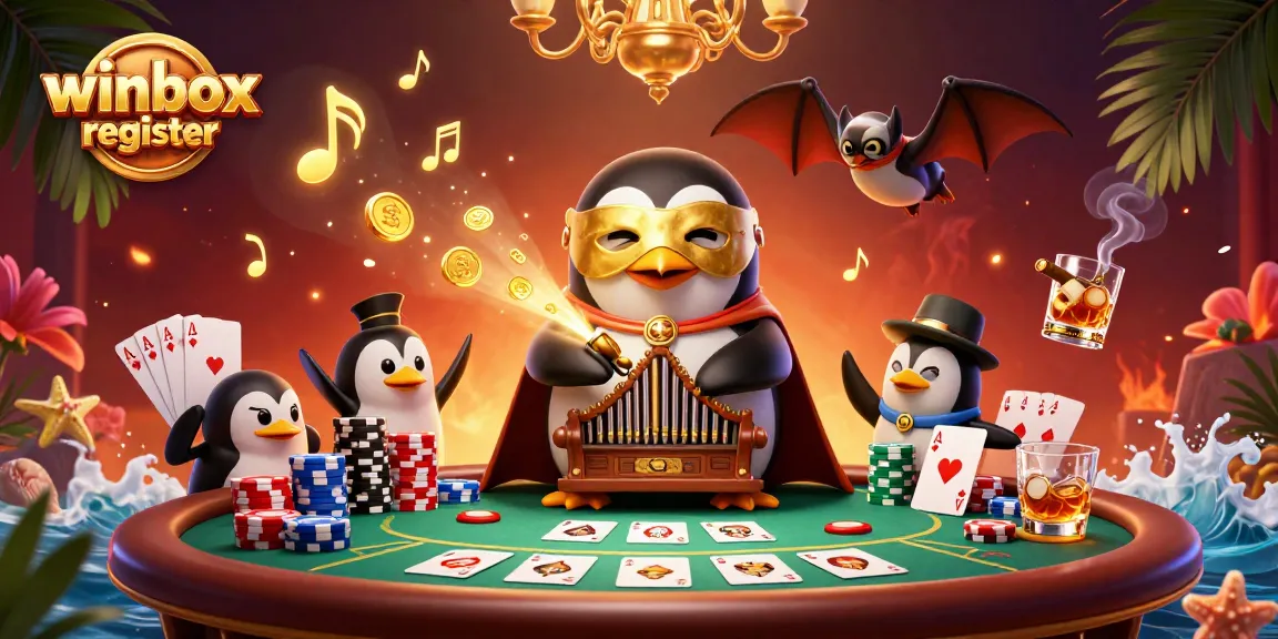 Experience the winbox register process with a vibrant, dynamic casino scene featuring themed characters.