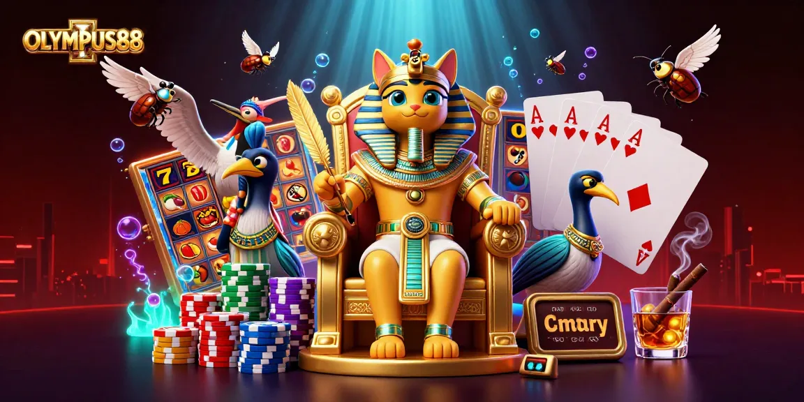 OLYMPUS88 menampilkan slot online dengan simbol keberuntungan dan karakter kucing firaun.
