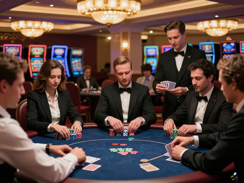 Players strategizing in a high-stakes poker game at qq88ae casino, showcasing intense focus and rich atmosphere.