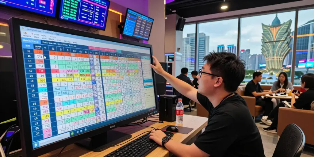 Menampilkan hasil Data Macau melalui layar sentuh di pusat informasi, dengan grafik interaktif dan suasana modern.