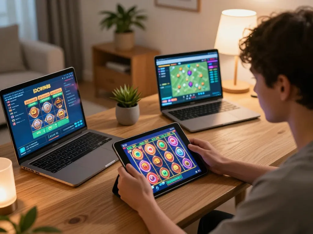 Experience the excitement of IDCWIN88 while spinning slots on a tablet in a cozy gaming setup