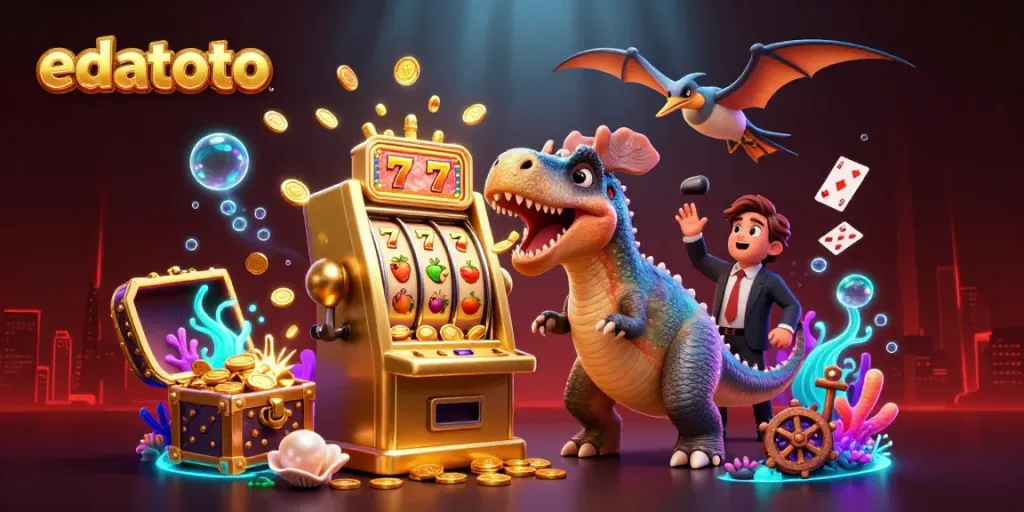 Experience thrilling jackpots with edatoto as a pachycephalosaurus engages a golden slot machine, coins soaring.