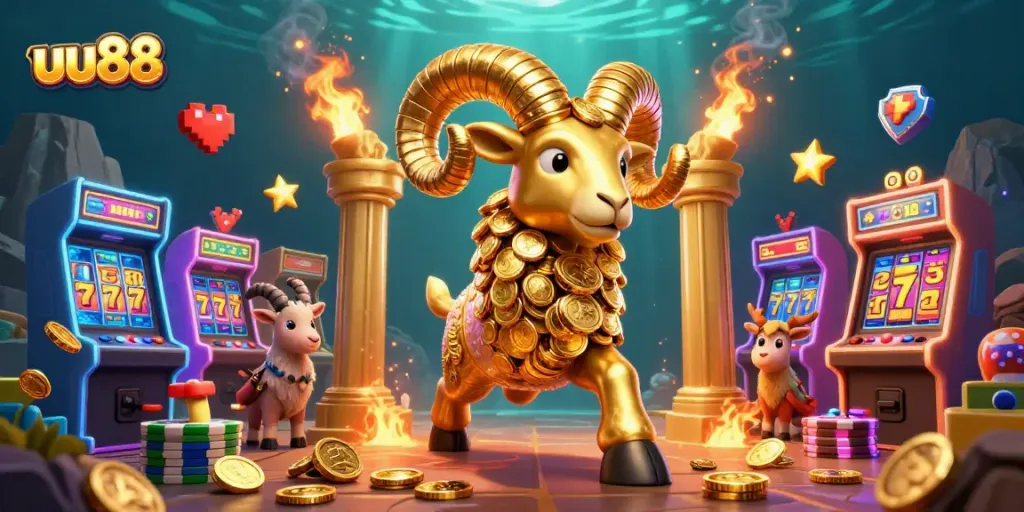Experience thrilling jackpot action with uu88's golden ram and vibrant casino elements.