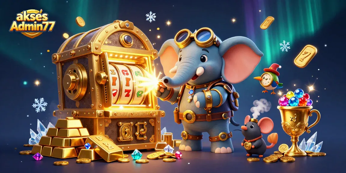 Experience thrilling wins with akses Admin77 as a steampunk elephant operates a dazzling golden slot machine.