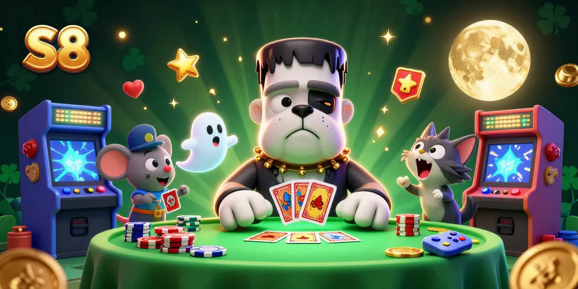 Experience thrilling gaming action at S8 with a vibrant 3D scene of characters and casino elements.