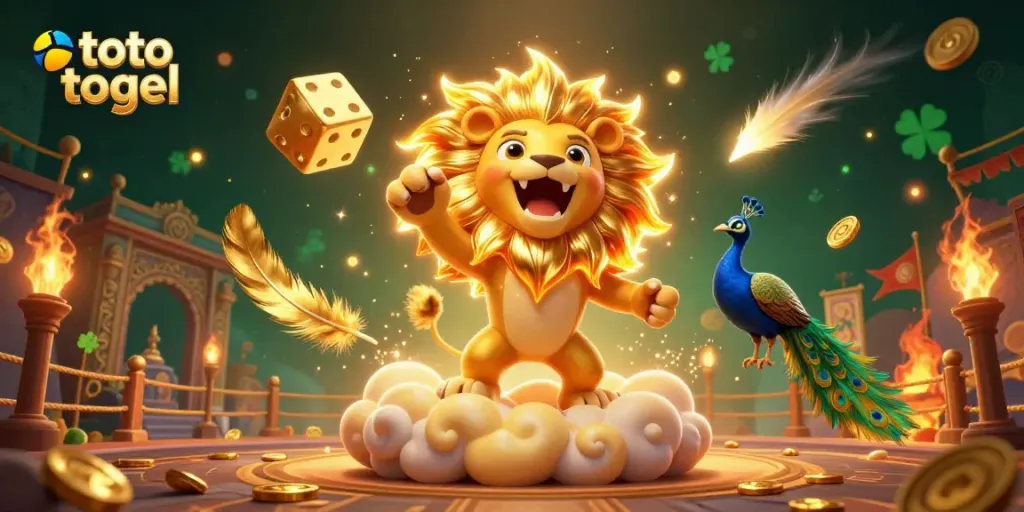 Engage in exciting toto togel games within a vibrant, gold-infused 3D casino scene.