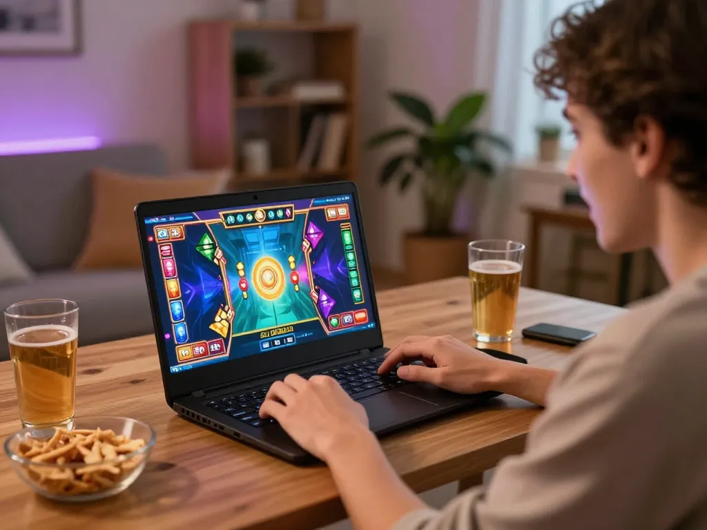 Pemain yang terlibat di rumah menikmati permainan slot di OKESLOT, menunjukkan kegembiraan dan kenyamanan.