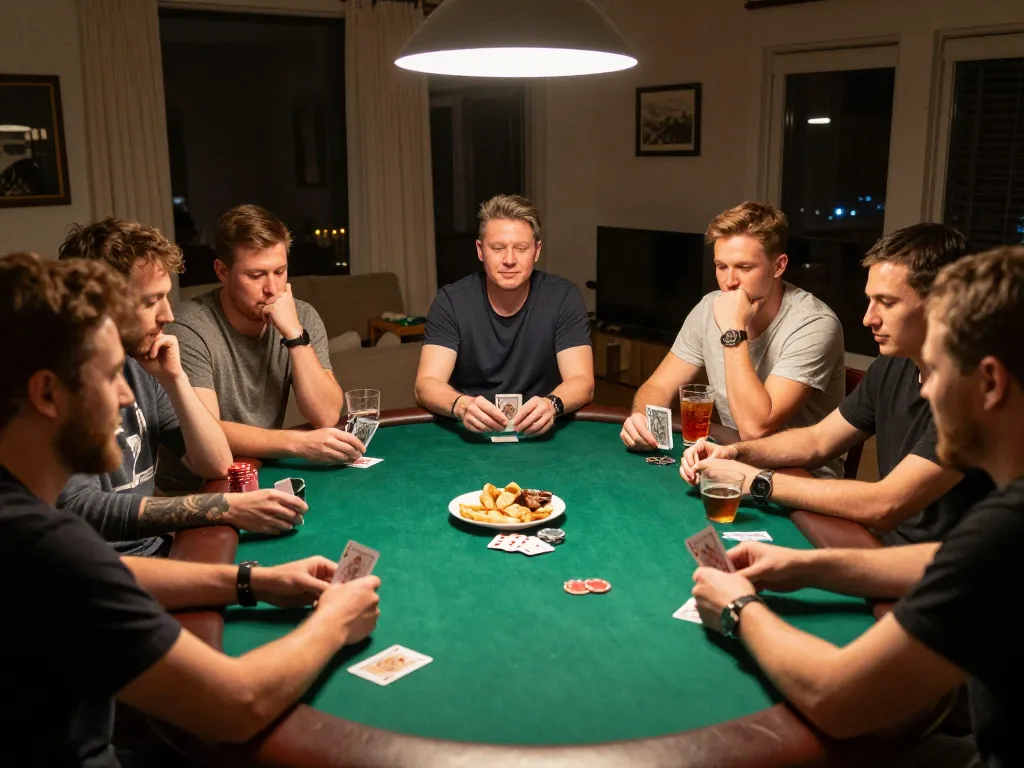 UGDEWA poker players strategizing around a warm home setting with drinks and snacks