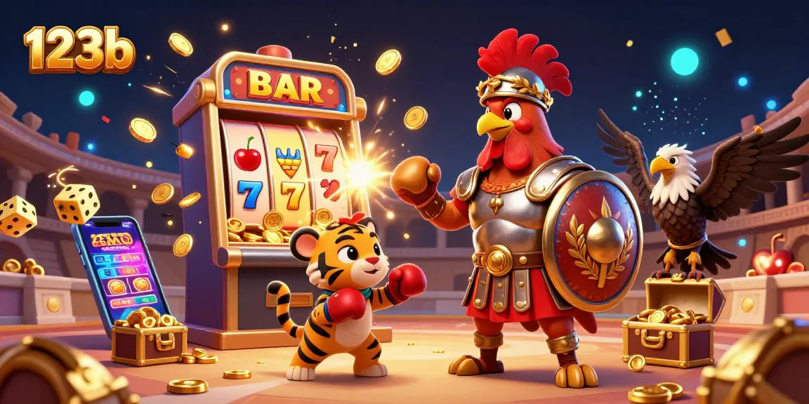 Experience the excitement of 123b with a lively casino scene featuring a gladiator rooster, slot machine, and treasure chests.