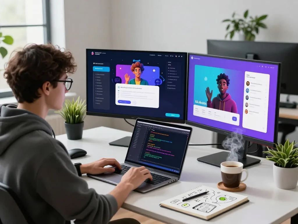 Young developer engaging with crushonai character interfaces in a modern workspace.