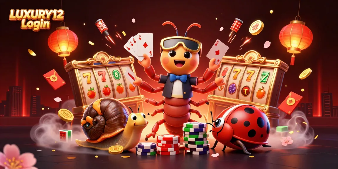 LUXURY12 Login showcases a vibrant scene with a cartoon millipede dealer and winning casino elements, creating excitement for gamblers.