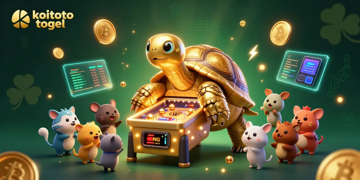 Tampilkan nuansa perjudian dengan koitoto togel serta kura-kura emas raksasa dan elemen kasino berkilauan.
