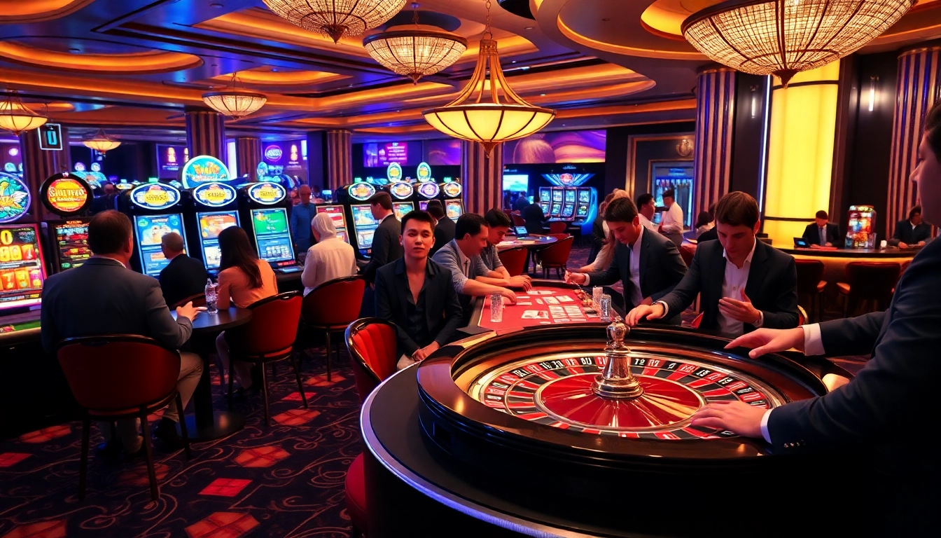 Experience the thrill of CM 88 at a luxurious casino with vibrant roulette tables and slot machines.