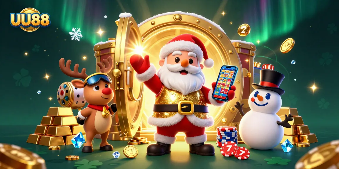 Experience the magic of UU88's jackpot slots with Santa Claus and friends in this vibrant casino scene.