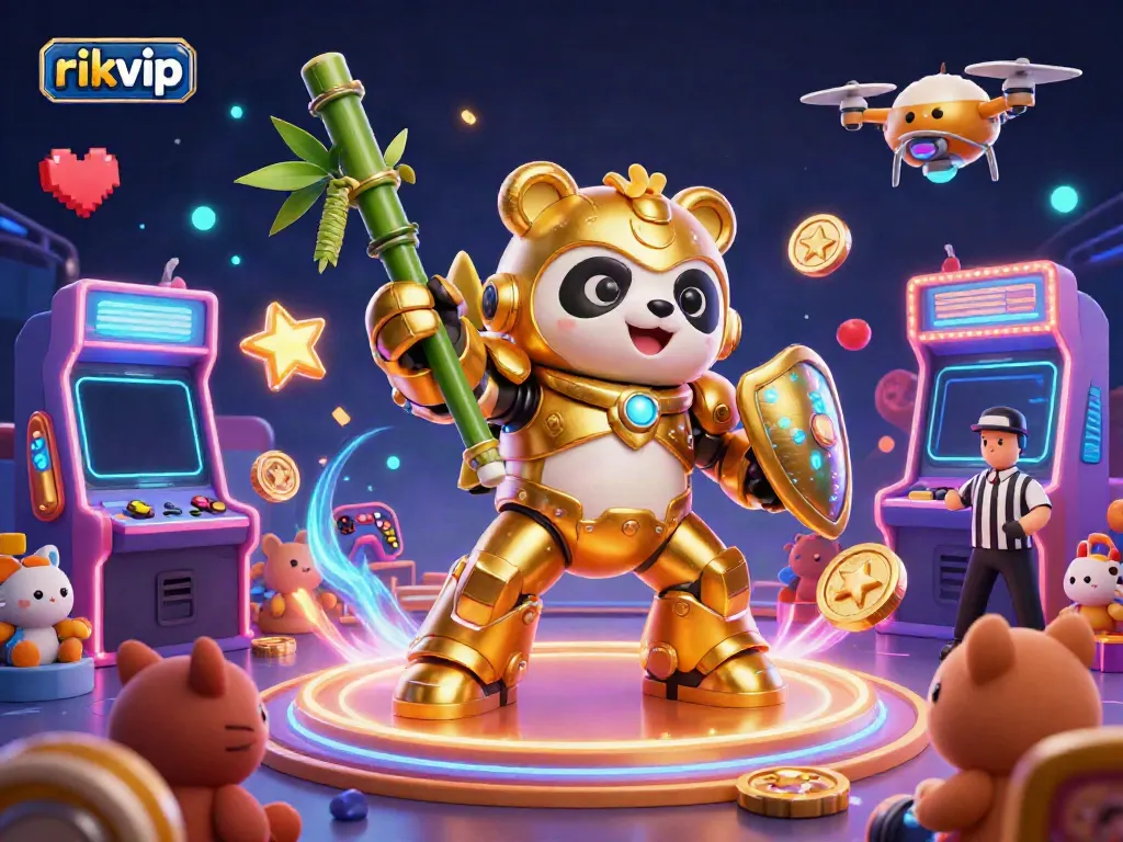 Engage in exciting gameplay with rikvip at this vibrant 3D casino arcade scene featuring animal characters and gaming elements.