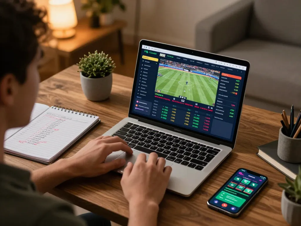Engaged player using fabet for live sports betting on a laptop, strategically planning wagers.