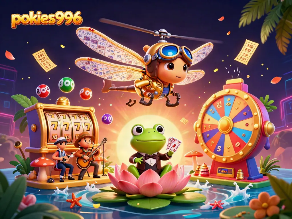 Experience the excitement at pokies996 with a vibrant casino scene featuring a dragonfly pilot and frog croupier.