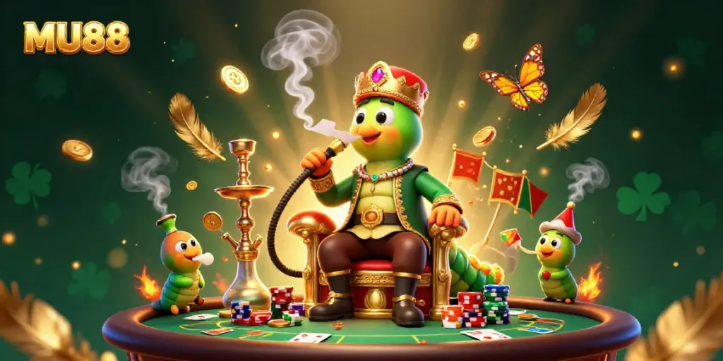 MU88's vibrant casino scene featuring a caterpillar master crafting poker symbols with golden coins.