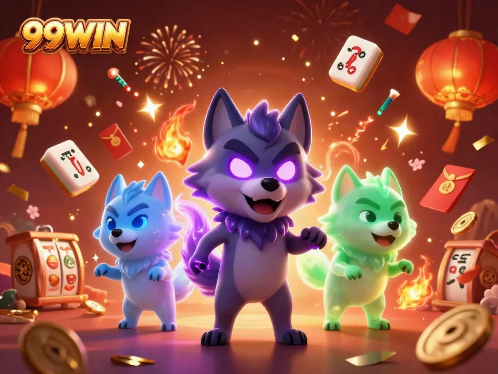 Engage in exciting gameplay with 99WIN's vibrant casino art featuring wolves and slot elements.