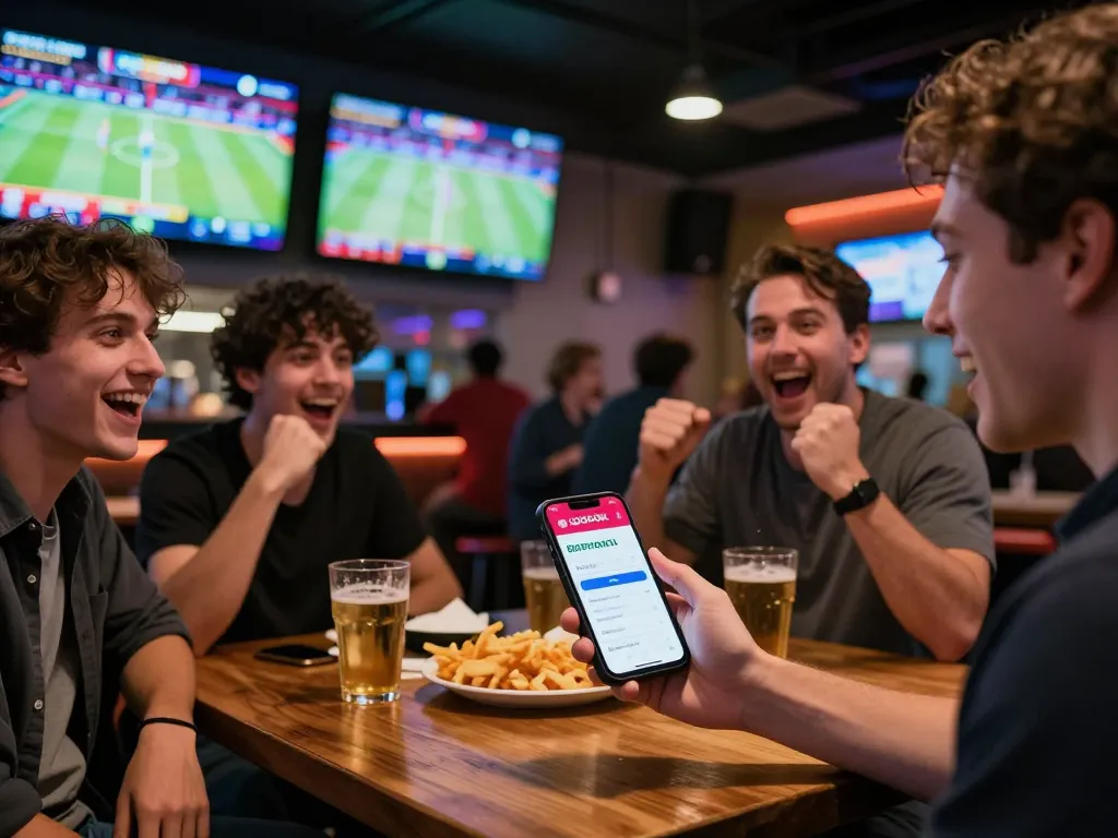 Engaged sports bettor using LGOGOAL app in a vibrant sports bar environment.