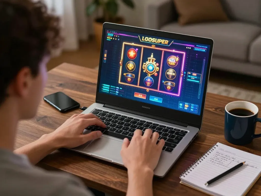 Engaged player enjoying LGOSUPER online slots, vibrant graphics on screen, cozy home setting.