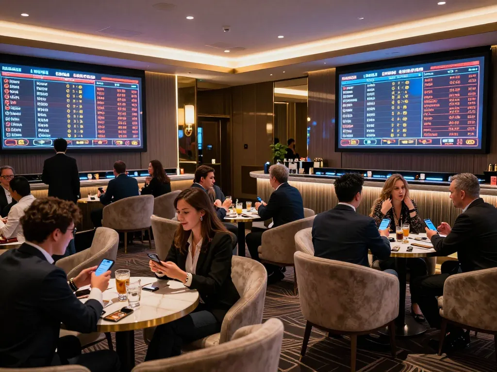 Patrons engaging with kèo nhà cái in a luxurious sports betting lounge, excitedly placing bets on live games.
