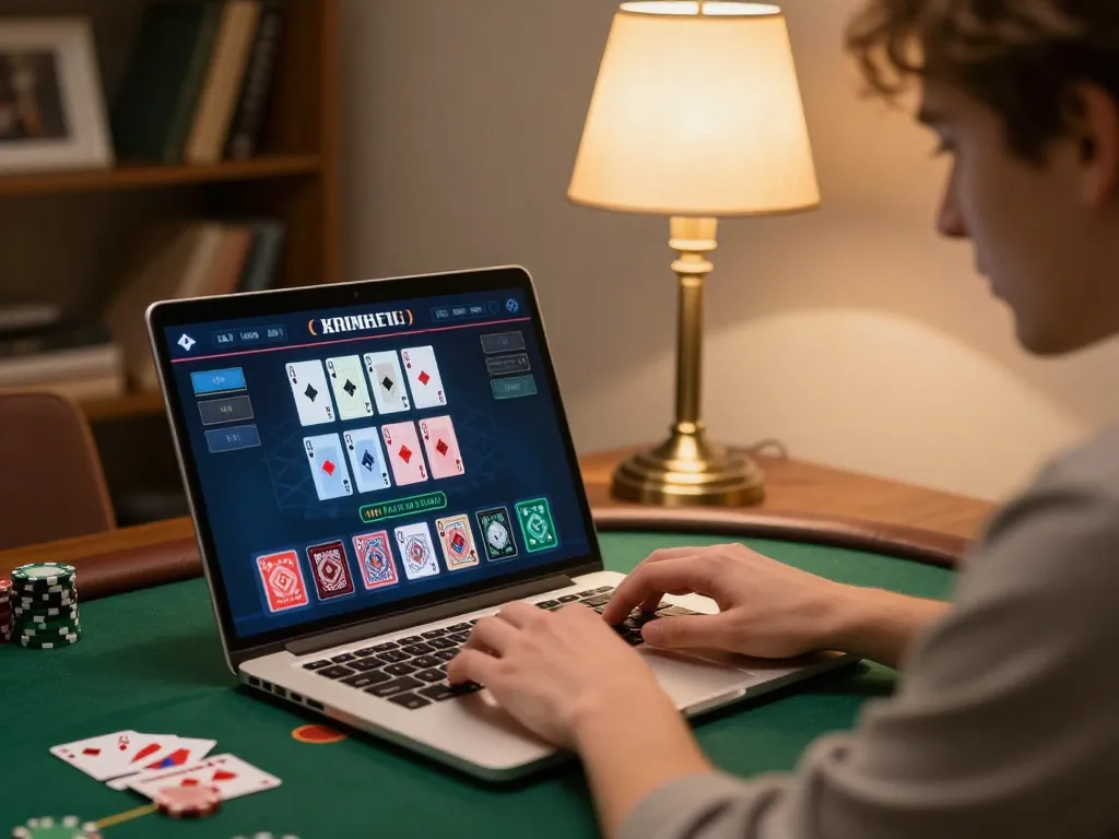 Engaging with lv88's poker interface, a player strategizes in a cozy home setting.