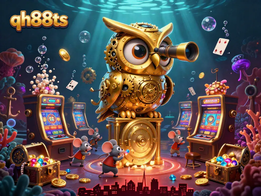 Experience the thrills of qh88ts with an illustration of a casino scene featuring a golden owl and energetic mice amidst slot machines.