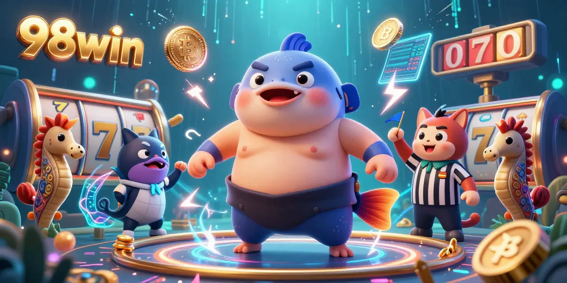 Experience the vibrant gambling world of 98win with lively 3D illustrations of colorful characters engaging in thrilling underwater casino action.
