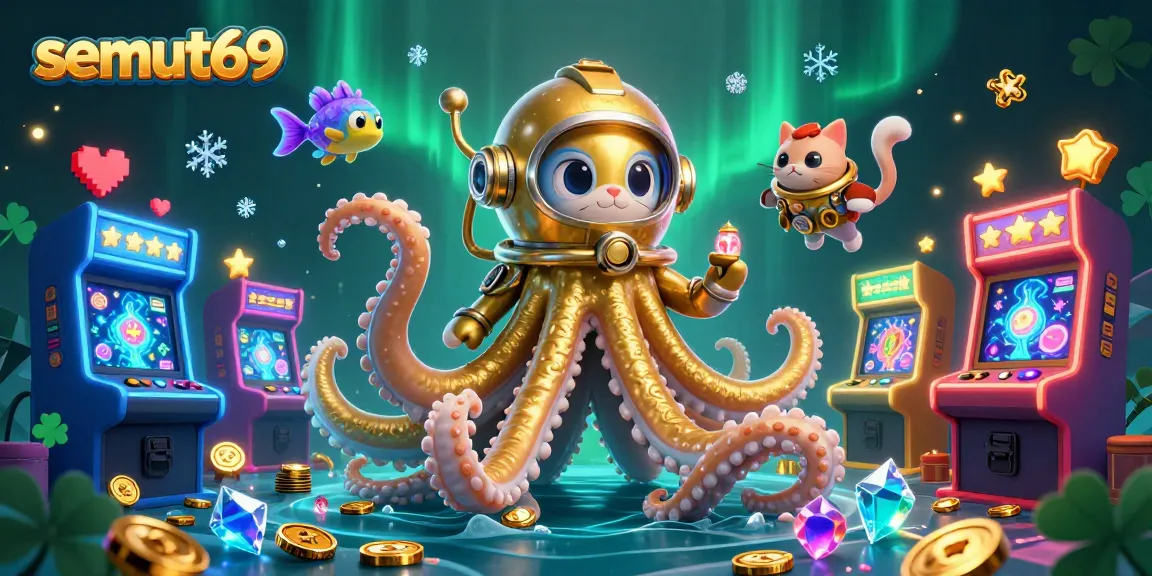 Join the excitement with semut69's thrilling adventures in online gambling, featuring a kraken and a diving cat.