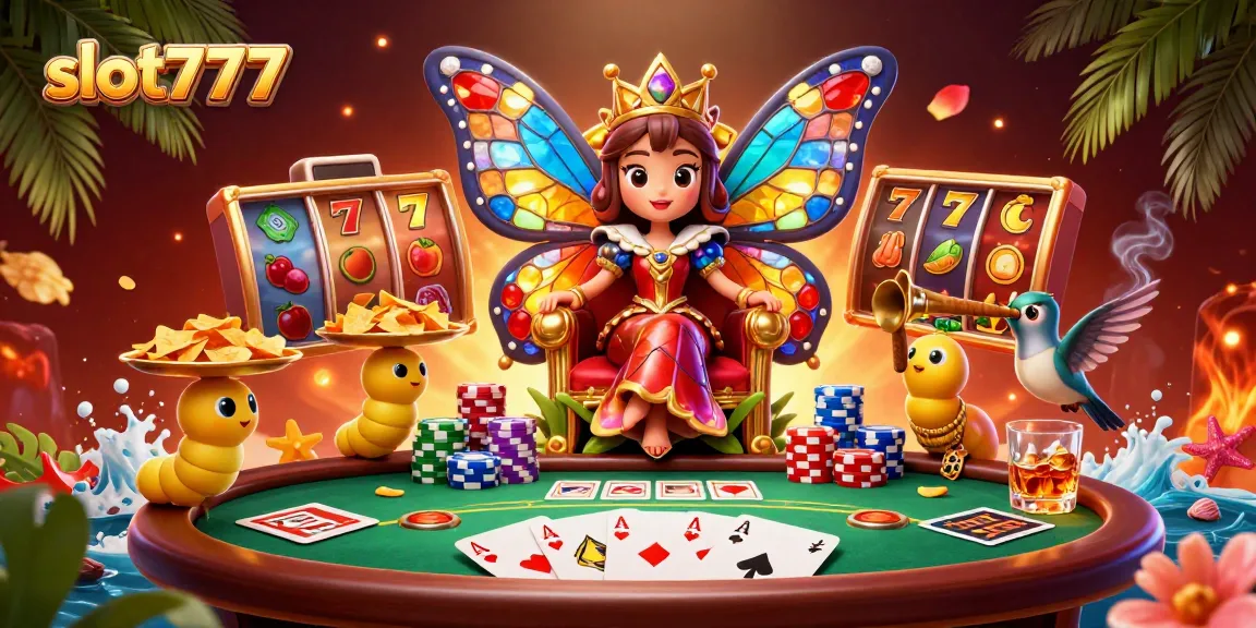 Menangkan slot777 dengan ratu kupu-kupu yang megah dan elemen mesin slot penuh warna.
