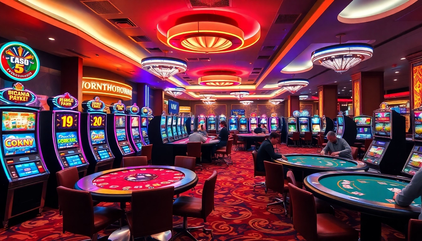 Arus Hoki di kasino yang menampilkan mesin slot berwarna-warni dan meja poker.