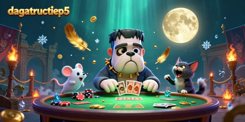 Engage with dagatructiep5 as a 3D bulldog monster deals cards amidst a dynamic casino scene.