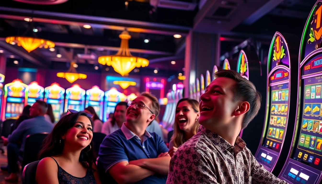 Raih kemenangan dengan slot gacor di kasino, pemain penuh semangat dan mesin slot bersinar.
