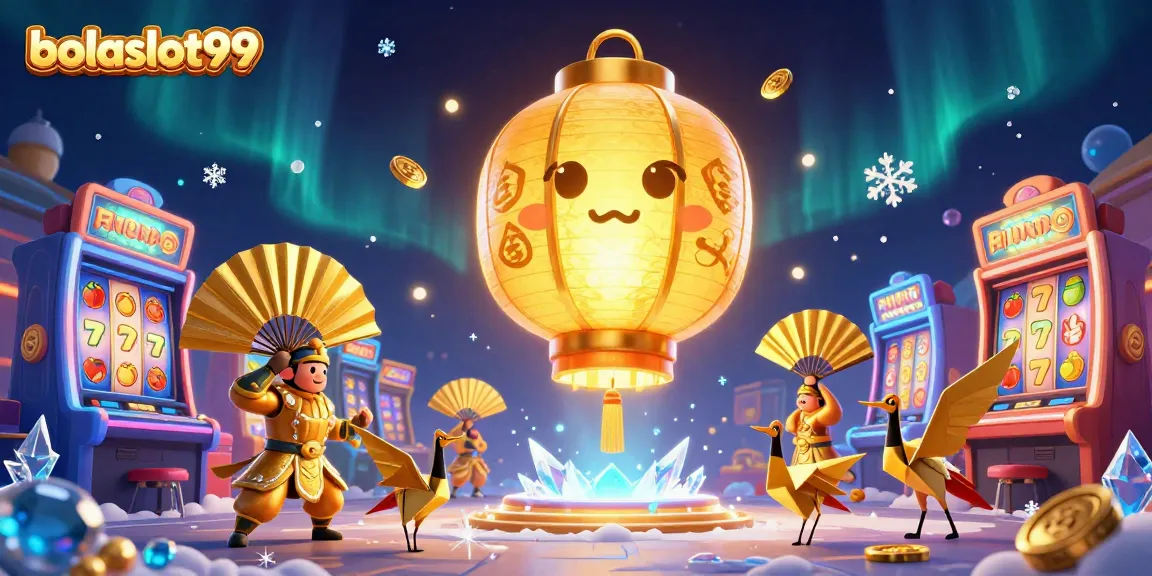 Play exciting slots with bolaslot99, featuring a vibrant golden lantern spirit and slot machines.