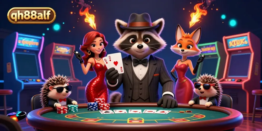 Engage with QH88alf's vibrant casino scene featuring a raccoon holding a royal flush and stunning game elements.