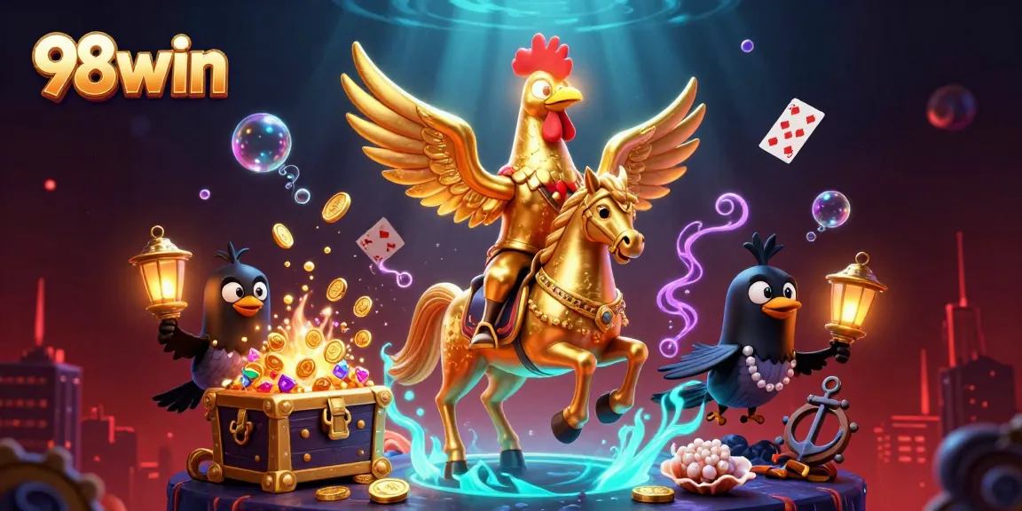 Experience thrilling 98win gambling action with golden rooster and friends amid a vibrant casino.