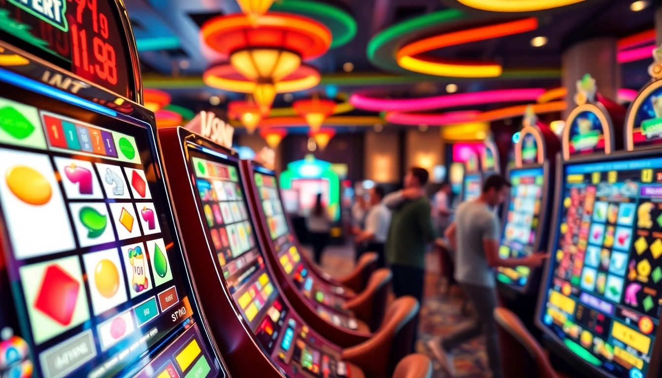 Menang jackpot di slot mesin dengan latar kasino yang penuh warna.