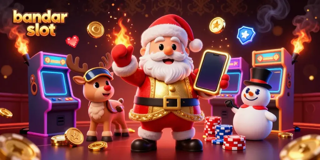 Menggandakan keseruan dengan bandar slot, Santa mengenakan pakaian kasino sambil menunjukkan jackpot di smartphone-nya.