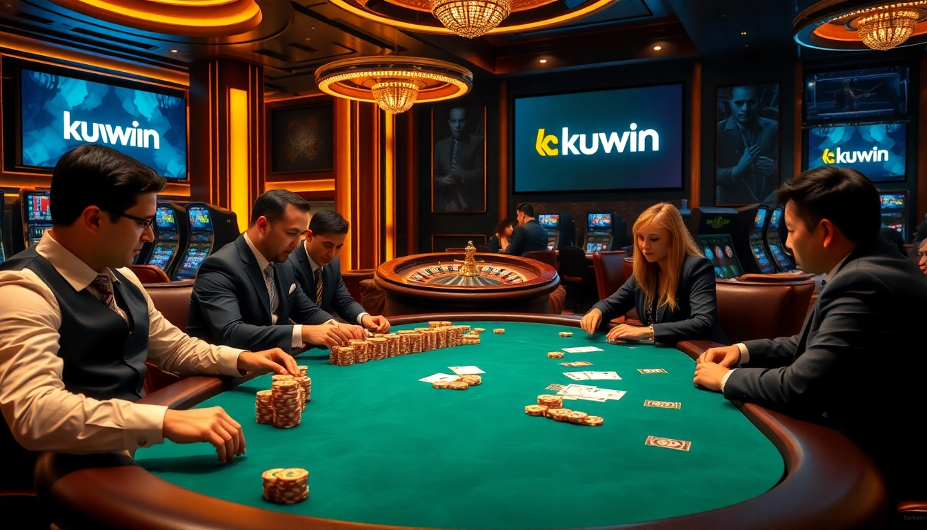 Gamblers strategizing at a high-stakes poker table with kuwin branding in a luxurious casino setting.