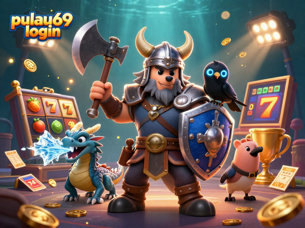 Engage with pulau69 login in a vibrant casino world with Dragon, Viking wolf, and trophy.