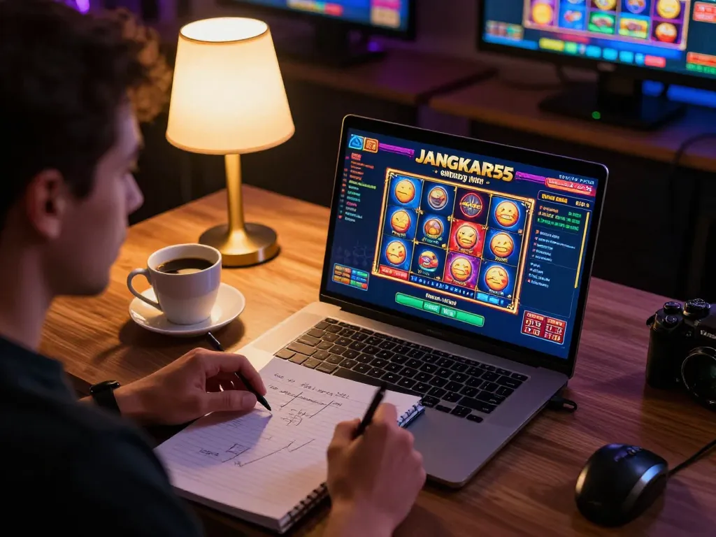 Player engrossed in JANGKAR55 online casino gaming, analyzing strategies with notebook in cozy setting